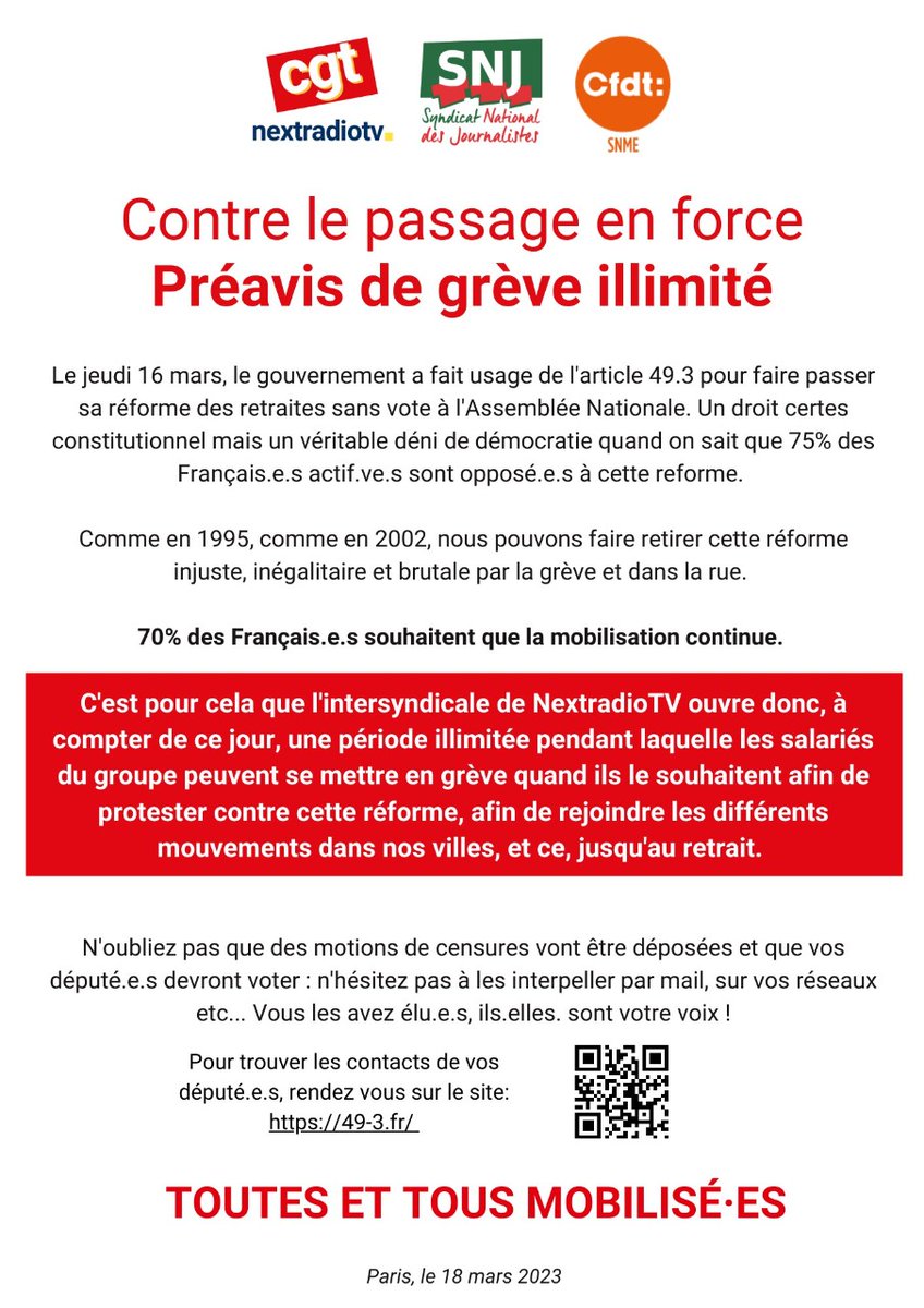 L'intersyndicale de <a href="/UesNext/">Intersyndicale UES RMC BFM</a> ouvre donc, à
compter de ce jour, une période illimitée pendant laquelle les salariés peuvent se mettre en grève quand ils le souhaitent afin de protester contre cette réforme, afin de rejoindre les mouvements dans nos villes, et ce, jusqu'au retrait.
