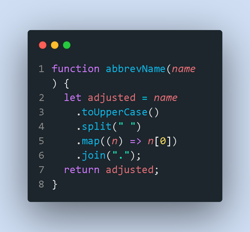 Danfraga3's tweet photo. Simple but Useful!🤔
JS Function that returns initials when a name is given:
abbrev(Daniel Fraga)
// D.F
#codingtips #codinghelp #code #coding #javascript #js #visualstudiocode #programming #stringmethods https://t.co/ppJcAW4tCI
