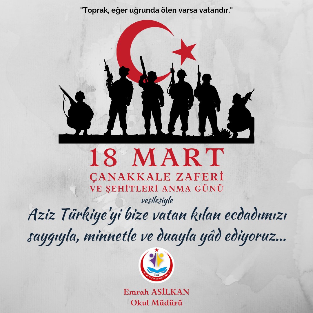 "Toprak, eğer uğrunda ölen varsa vatandır❗" 

📌 18 MART ÇANAKKALE ZAFERİ KUTLU OLSUN

#nezahatçeçenortaokulu #başarıyagidenyol #18martçanakkalezaferi

<a href="/emrahasilkan/">Emrah Asilkan 🇹🇷</a>