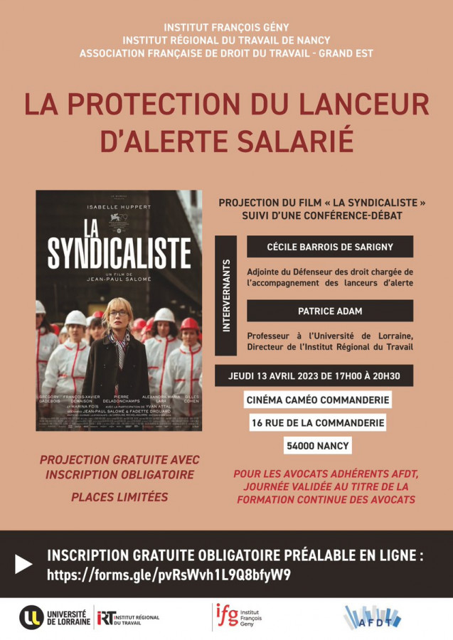[Conférence] 13/04 | La protection du lanceur d'alerte salarié.  <a href="/Univ_Lorraine/">Lorraine</a> <a href="/AFDTasso/">AFDT</a> <a href="/InstFGeny/">Inst.François Geny</a> univ-droit.fr/actualites-de-…