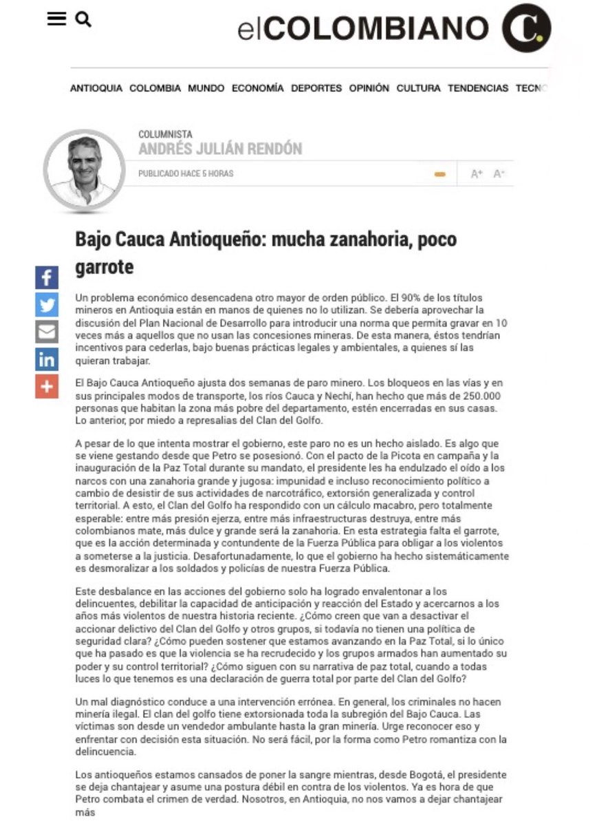 Los antioqueños estamos cansados de poner la sangre mientras, desde BTÁ, el presidente se deja chantajear y asume una postura débil en contra de los violentos. Ya es hora de q’ Petro combata el crimen de verdad. Nosotros no nos vamos a dejar chantajear más
m.elcolombiano.com/opinion/column…