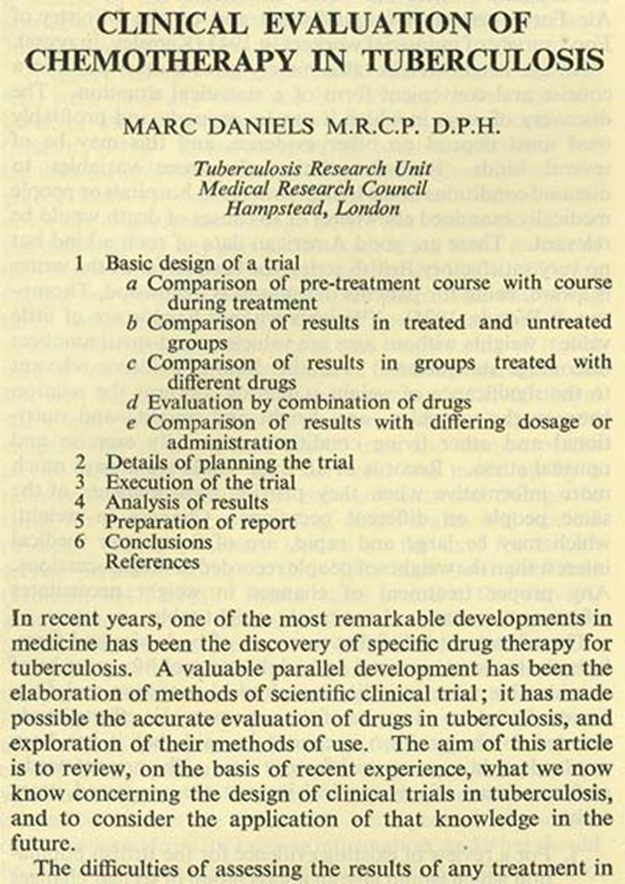 HOS_ASA's tweet photo. Before Doug Altman there was Marc Daniels (11 Jan 1907-3 Mar 1953)🇬🇧An overlooked pioneer of clinical trial design, conduct &amp; notably, reporting. His guidelines were first published in 1951 for trials of anti-tuberculosis chemotherapy. CONSORT @CONSORTing was published 1995  1/3 https://t.co/DZ21929FHH