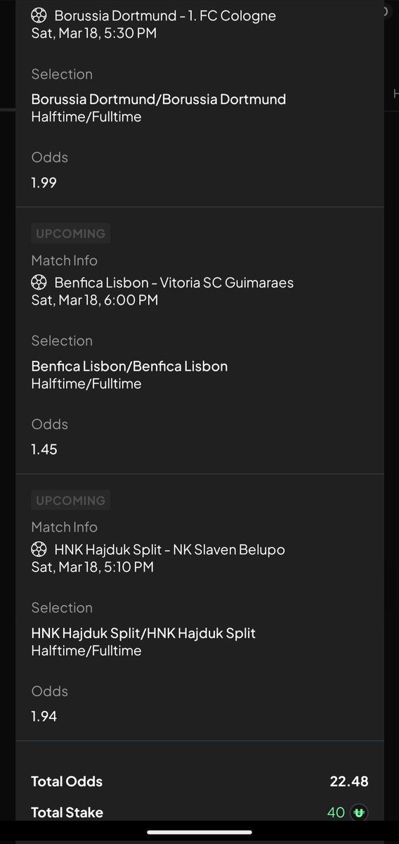 MarkSlocombe3's tweet photo. 1st ACCA of the weekend on $BetU #EarnU platform https://t.co/coFgLQ2bdS