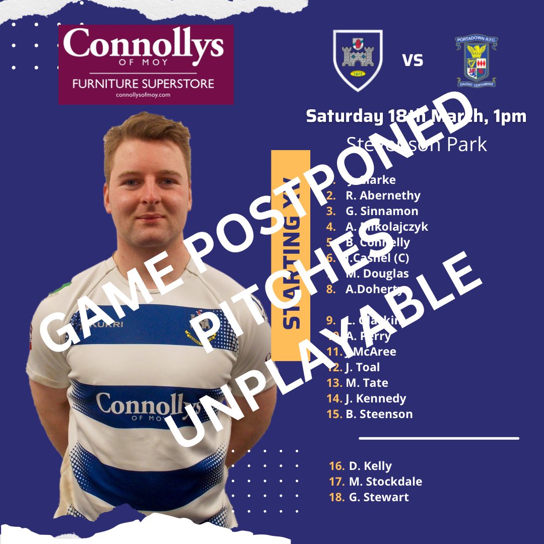 This afternoon’s match at Stevenson Park has fallen foul of the weather with pitches being waterlogged. Club will be open from 12 Noon for Scotland vs Italy then the Ireland vs England at 5pm. Everyone welcome to come watch. @PortadownRFC