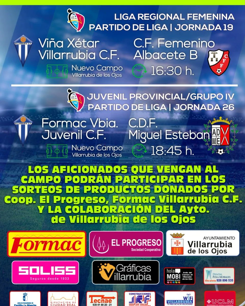 VXVILLARRUBIACF's tweet photo. 💪 ¡HOY SE JUEGA!

💥 Y tenemos un 
PLA-NA-ZO 👌

2️⃣ Partidos en el Nuevo Campo 🏟️

🍷 Femenino ➡️ 16:30h
⚽ Juvenil ➡️ 18:45h

🎁 SORTEAZO

🤍💙 Camiseta
💚💙 Camiseta
🍷 3 estuches de vino
🫒 1 estuche de aceite

🍷 #CooperativaElProgreso
🏗️ #Formac
🏫 #Ayuntamiento https://t.co/7QkybV9xwF