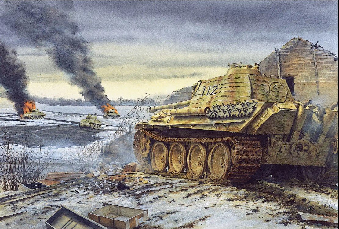 Artwork showing the tank battle at Puffendorf, November 17, 1944