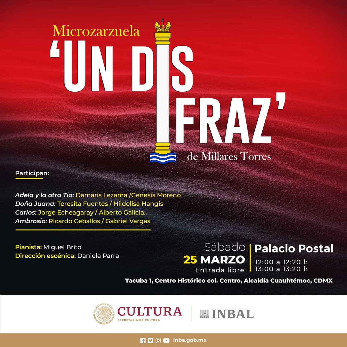 bellasartesinba's tweet photo. Los integrantes del #EOBA, con dirección artística de @maria_katzarava, te invitan a disfrutar de la microzarzuela "Un disfraz", el próximo sábado 25 de marzo a las 12 y 13 h, en el Palacio Postal. ¡Acompáñanos! 🎶 👉 https://t.co/W5nQzFQBuw https://t.co/Yed58vnxVx