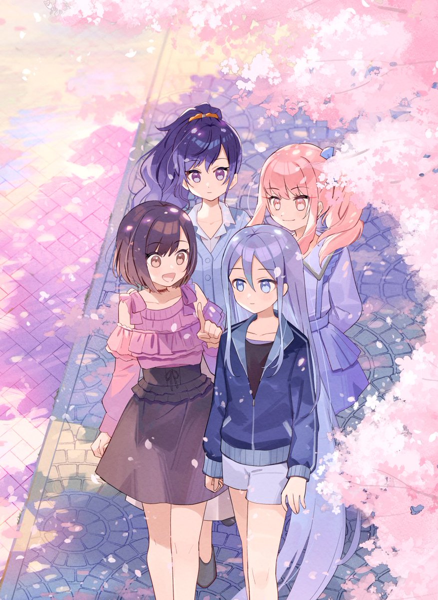 multiple girls 1other long hair cherry blossoms pink hair shorts pink eyes  illustration images