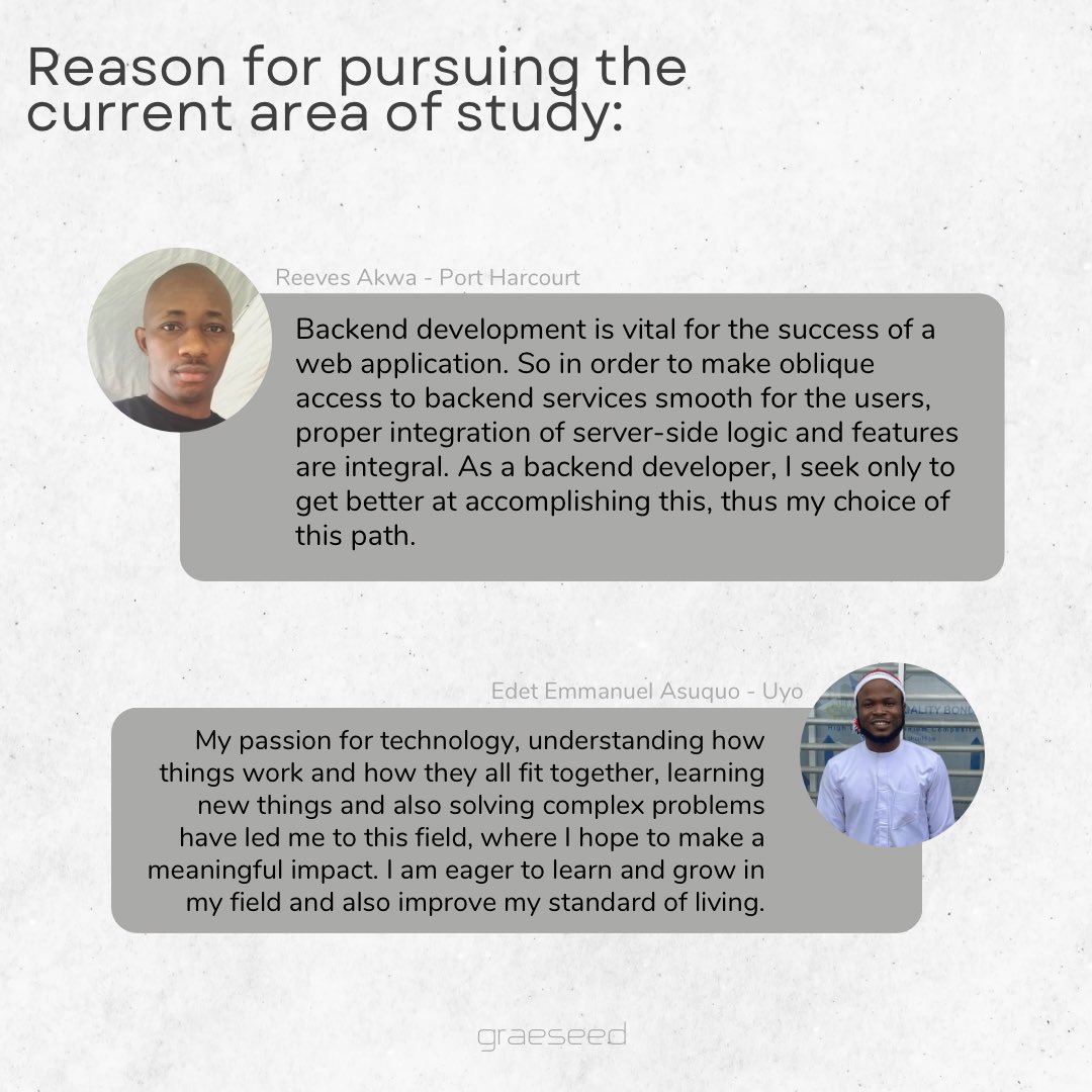 graeseed's tweet image. We are intentionally building a team of people who would create a digital product at the end of this cohort • Meet our backend developers Edet Emmanuel and Reeves Akwa  

⦿ ⁣

#Edtech #techeducation #edtechteam #techskills #graeseed