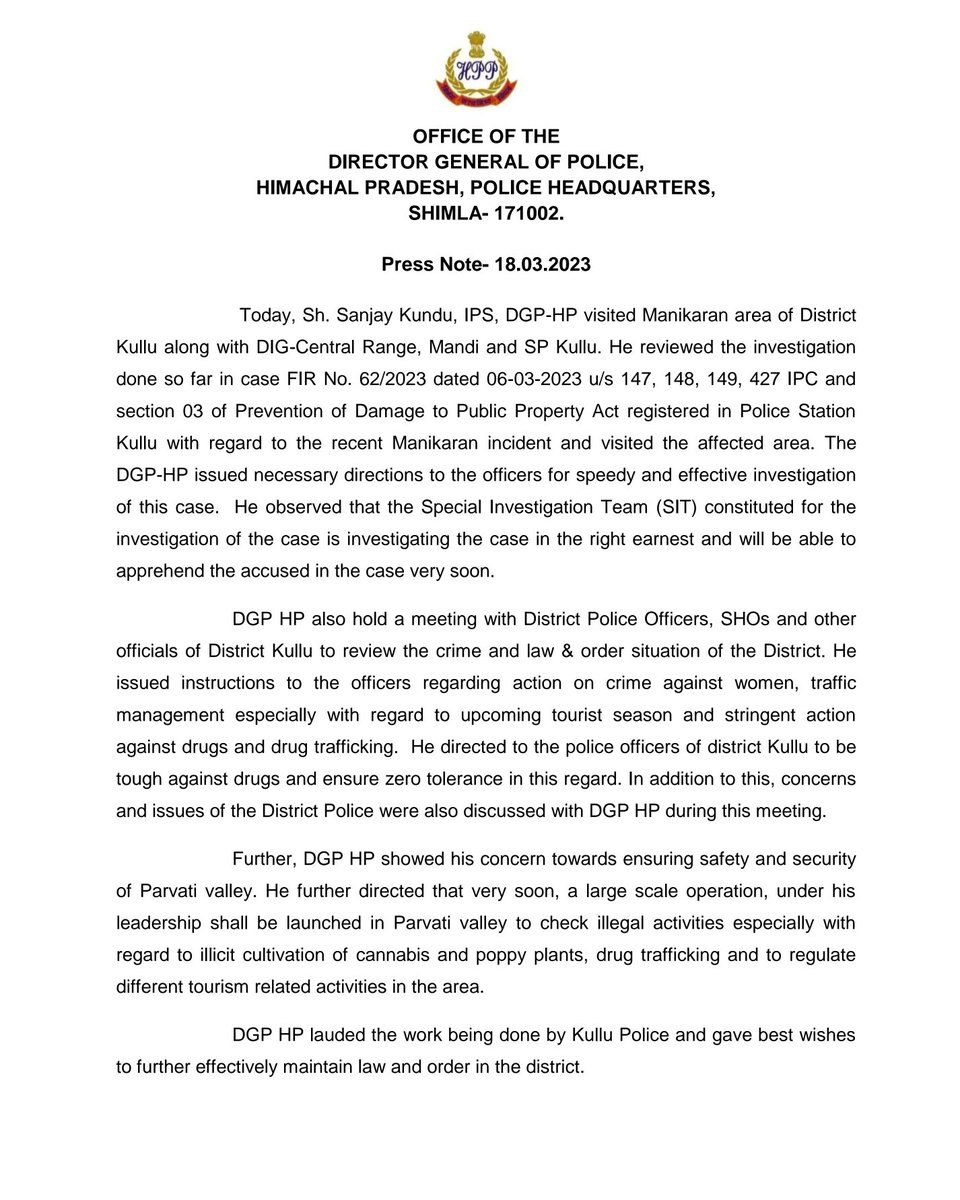 himachalpolice's tweet image. #PressNote #Manikaran @DGP_HP @PoliceKullu #HPPolice