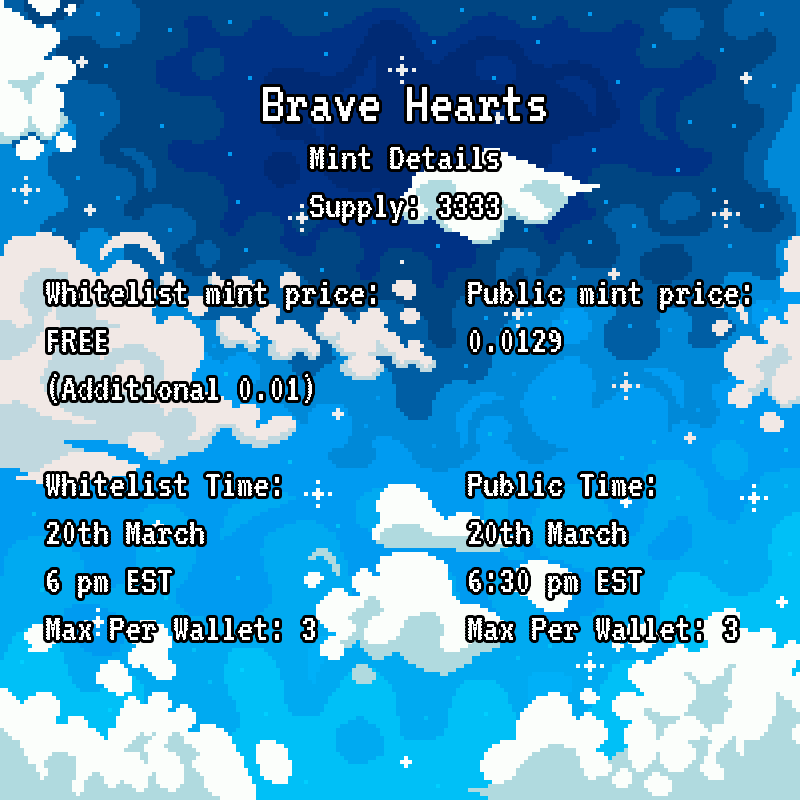 Brave Hearts Mint Details.

Giving away Last 15x BraveLists.

1) Like/Rt
2) Follow
3)  Tag 3 brave friends