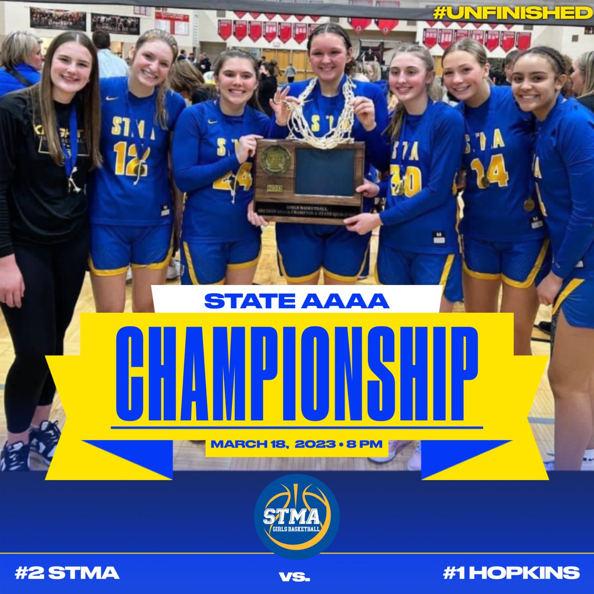 STMAGBB's tweet photo. STATE CHAMPIONSHIP - GAME DAY!!!!  

🆚 #1 Hopkins
⏱️ 8:00 p.m.
📍Williams Arena 
📺 https://t.co/Ff0cw0hukB
🎟️ https://t.co/HhdGtif9Bt

#unfinished

This is your last chance to see these amazing seniors (and our awesome manager, Madi) in action together!! Let’s pack The Barn. https://t.co/1xpNfTF4f3