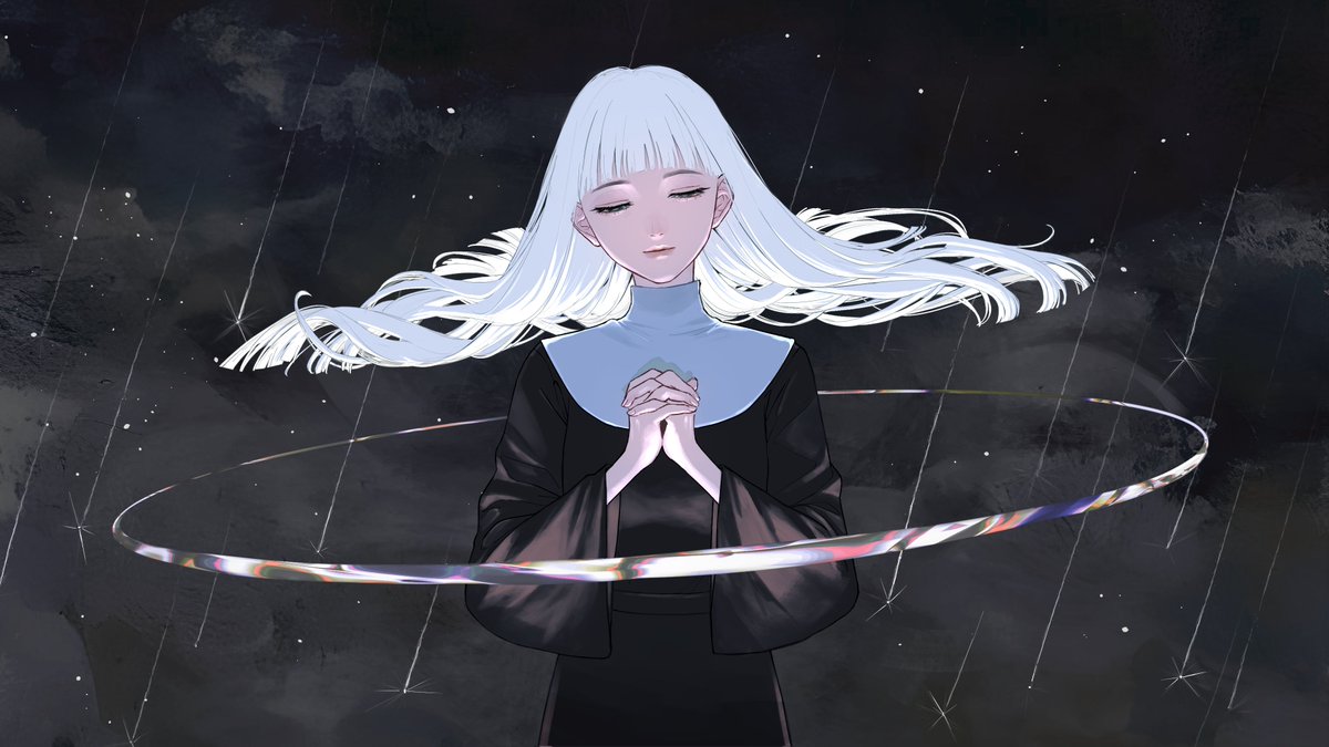1girl solo white hair closed eyes long hair own hands together black dress  illustration images