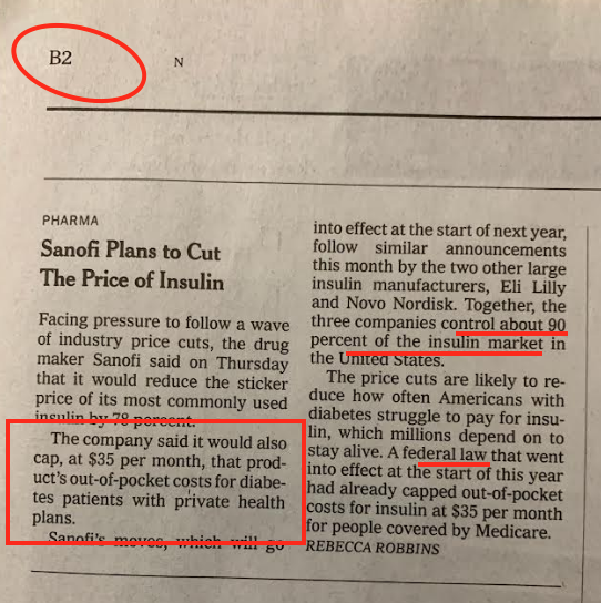 scarylawyerguy's tweet photo. Biden jawbones 3 biggest insulin manufacturers to cut price to $35/month, @nytimes buries it in a blurb on B2, doesn't even give Biden credit for passing the law that spurred the reduction then wonders why voters don't know what he's accomplished 🙃 https://t.co/YmF4f7hBIs