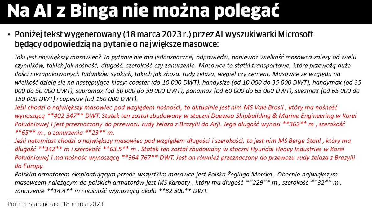 PBSeaMedia's tweet photo. AI musi się jeszcze wiele nauczyć. AI wyszukiwarki Bing (Microsoft), podobnie jak inne w rodzaju Chat GPT, nie potrafi solidnie informować, nawet na poziomie ciekawostkowym i popularno-naukowym, ani edukować. Sama wymaga jeszcze długiego doskonalenia i dokształcania.
Przykład: https://t.co/ILM4i58j74