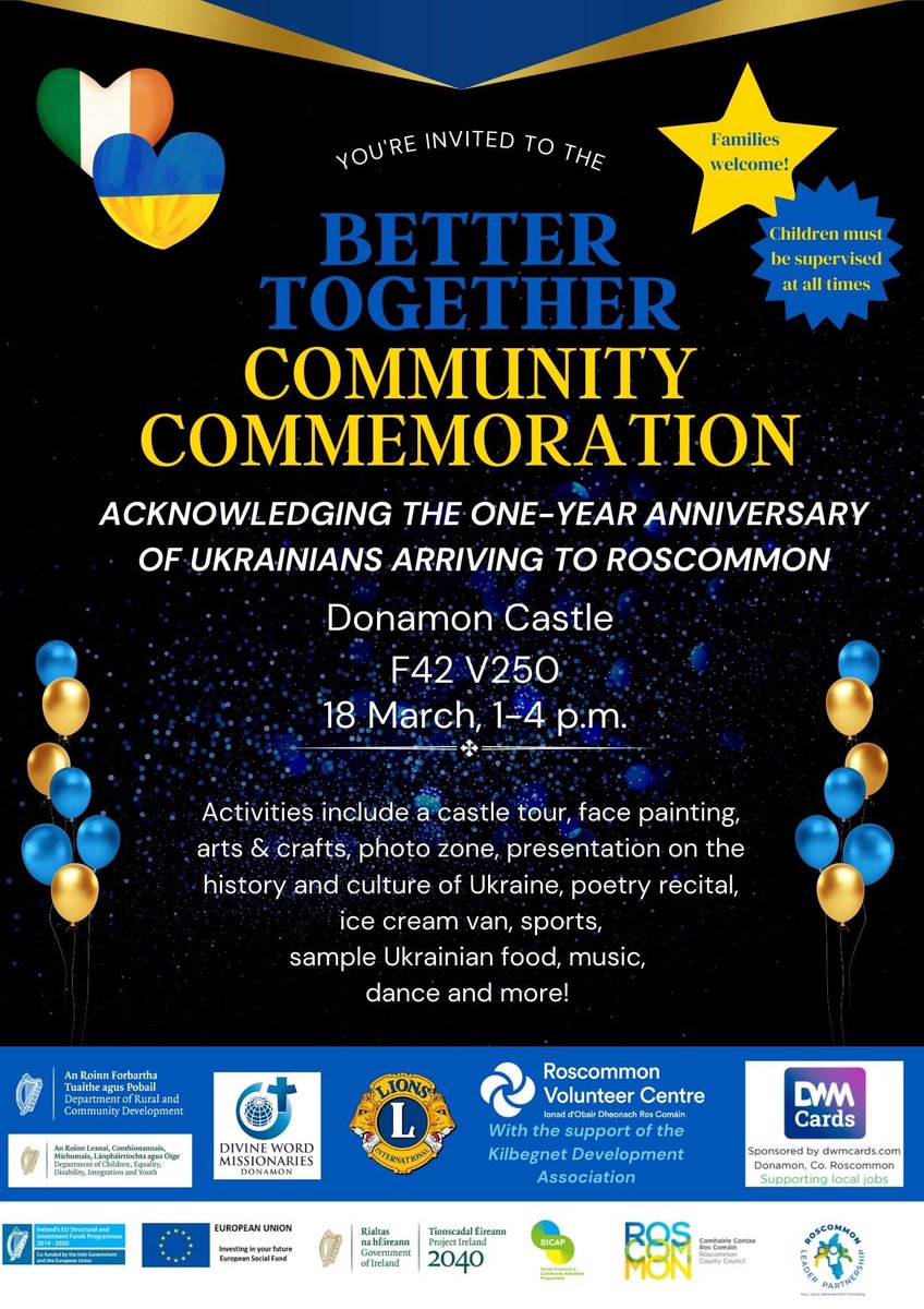 It’s a year to the day since <a href="/LionsRoscommon/">RoscommonLionsClub</a> <a href="/lionsclubsIrl/">Lions Clubs Ireland</a> &amp; the entire community in Roscommon activated a plan to reopen the Cuisle centre in Donamon &amp; provide shelter for 60 Ukranian refugees fleeing the Russian conflict: today we mark that anniversary with a special Open Day