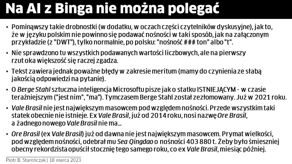 PBSeaMedia's tweet photo. AI musi się jeszcze wiele nauczyć. AI wyszukiwarki Bing (Microsoft), podobnie jak inne w rodzaju Chat GPT, nie potrafi solidnie informować, nawet na poziomie ciekawostkowym i popularno-naukowym, ani edukować. Sama wymaga jeszcze długiego doskonalenia i dokształcania.
Przykład: https://t.co/ILM4i58j74