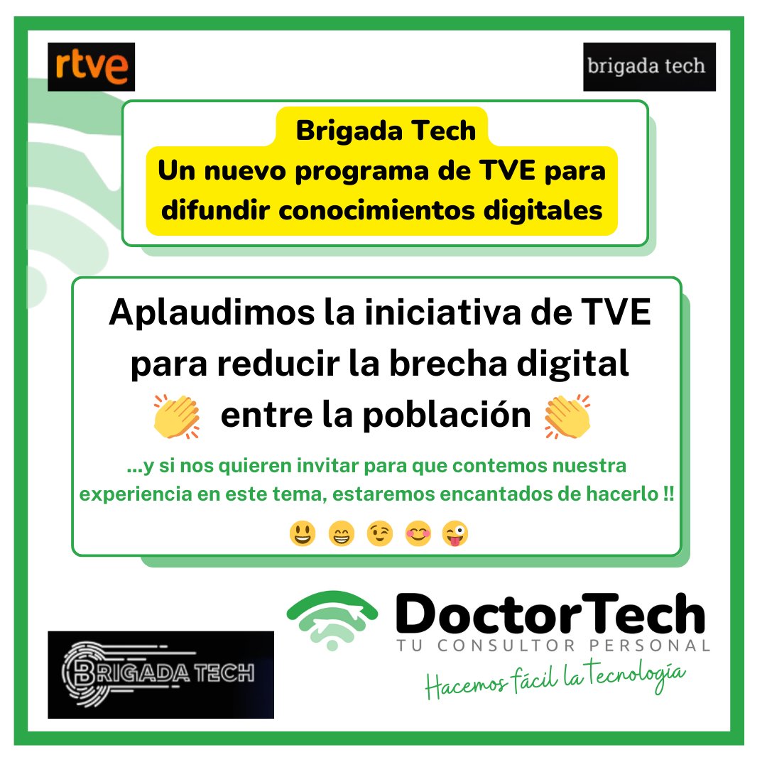 DoctorTech_CP's tweet photo. Enhorabuena a TVE por su iniciativa para dar a conocer todas las ventajas que nos ofrece la tecnología !! se emite los viernes a las 22:15 h.
#BrigadaTech #DoctorTech #hablamoscuandoqueraisyoscontamoscosas @rtve @lujanarguelles @doctortech_cp https://t.co/CrVu3b83ey