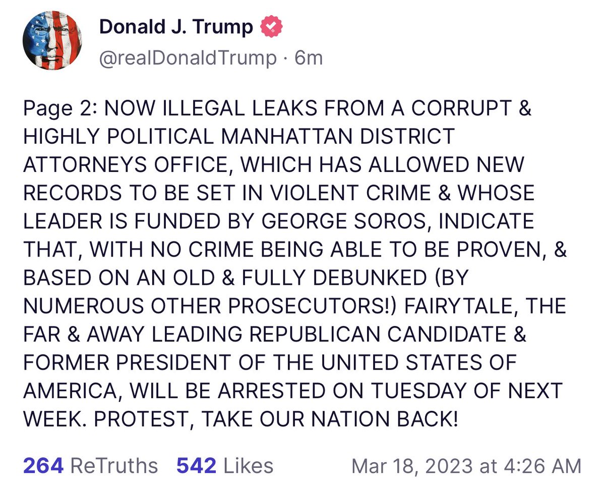 MeidasTouch's tweet photo. Trump says on his social media platform that he will be arrested on Tuesday and calls for protests. https://t.co/mvoskc216q