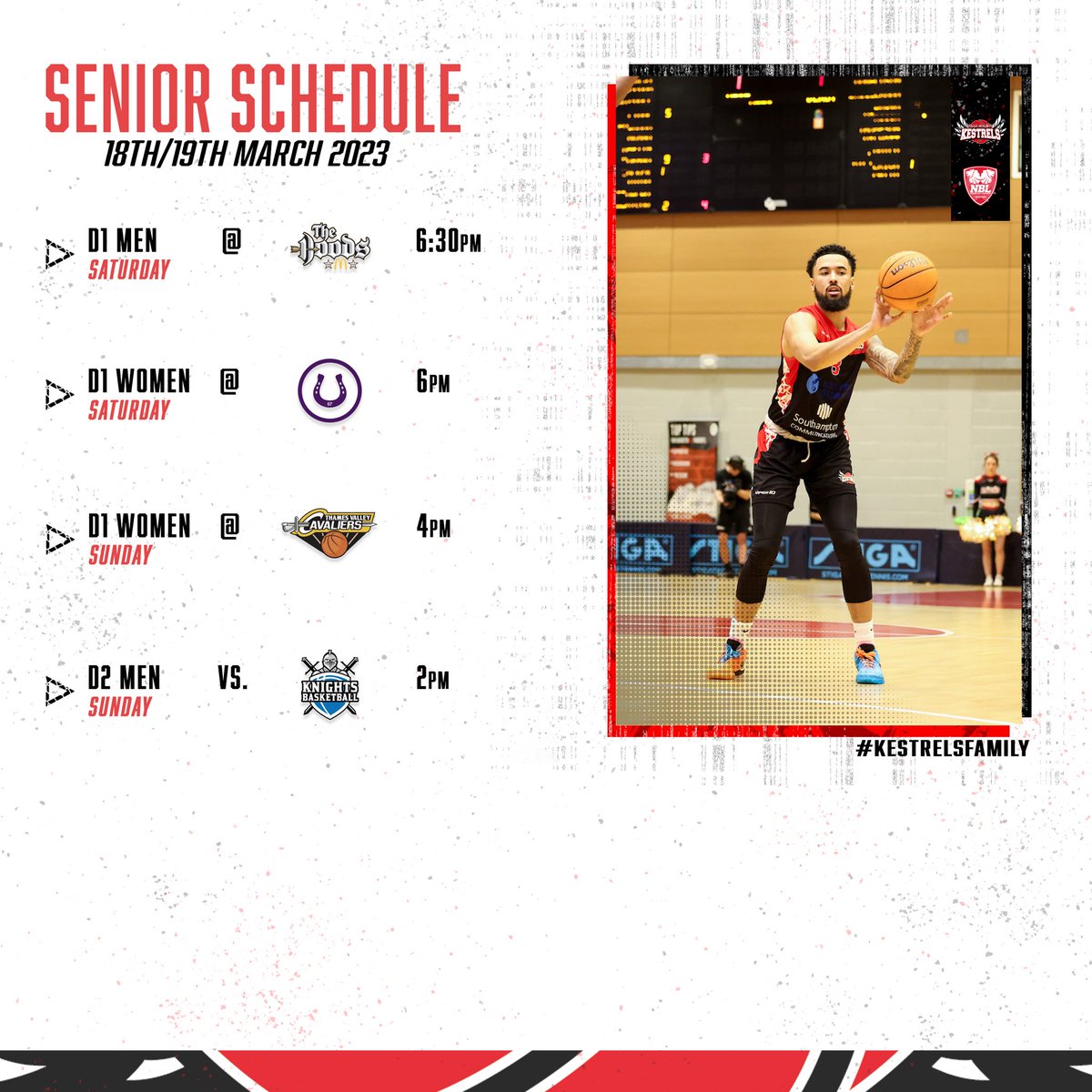 Senior Schedule

D1 Men make the trip to Nottingham Hoods, whilst D1 Women face a pivotal weekend in the WNBL D1 title race as they play at Loughborough &amp; TVC. Whilst D2 Men are in their final home game of the season tomorrow. 

#KestrelsFamily #GameDay