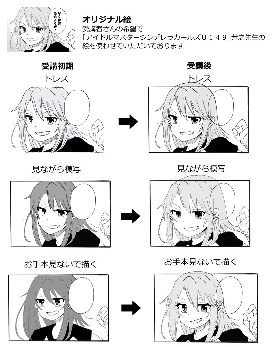 絵の初心者が漫画っぽい絵を描けるようになるカリキュラム。ご協力いただいていたにじゅうさんが終了したのでビフォーアフターを。これくらい描けるようになったのはなかなかすごいのでは…。にじゅうさんがすごいのか、うちのカリキュラムがすごいのかはわかりませんが(笑)
