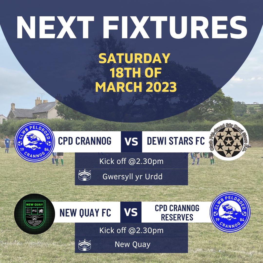 HEDDIW ⬇️ TODAY ⬇️

Both teams are in action today! First team welcome Dewi Stars to the Gwersyll with kick off at 2.30pm! 

The seconds head up to New Quay for their game with kick off also at 2.30pm! 

Lets hope this rain stays away! ☔️💧