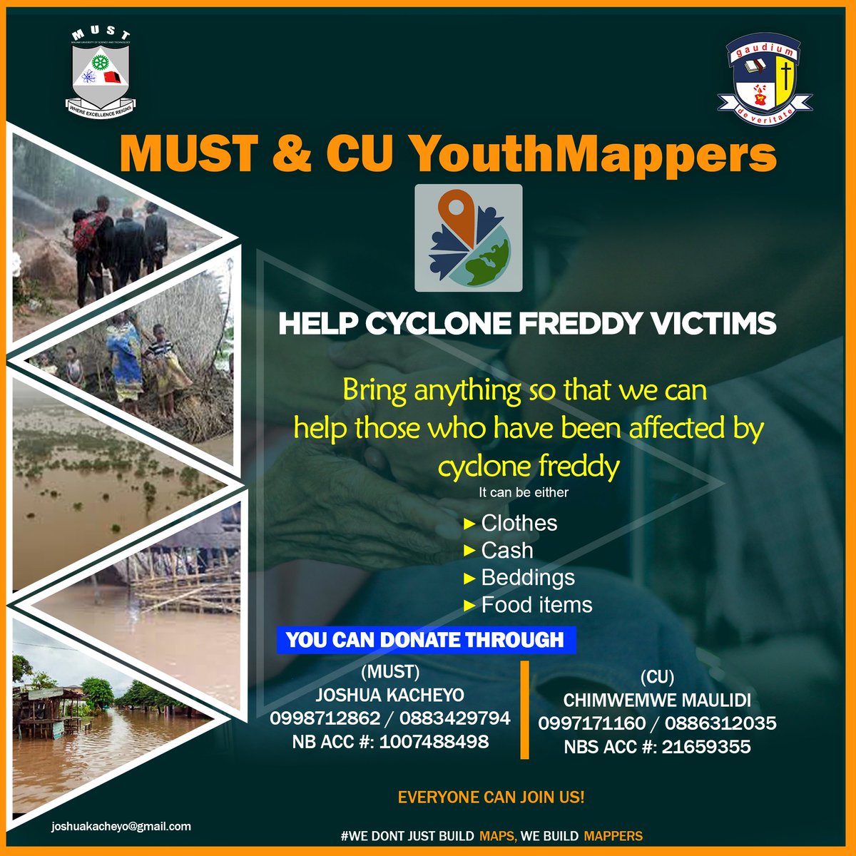 MUSTYuthmappers's tweet photo. Let's Join hands and support our friends. 
The Southern Region was heavily affected by Cyclone Freddy esrly this week. People are stranded, Let's Go Donate Something!!!
While we are Mapping on HOT Taasking Manager, it is also Important to visit!
HOT Projects : #14445 and #14439 https://t.co/Y4uAF4yYoM