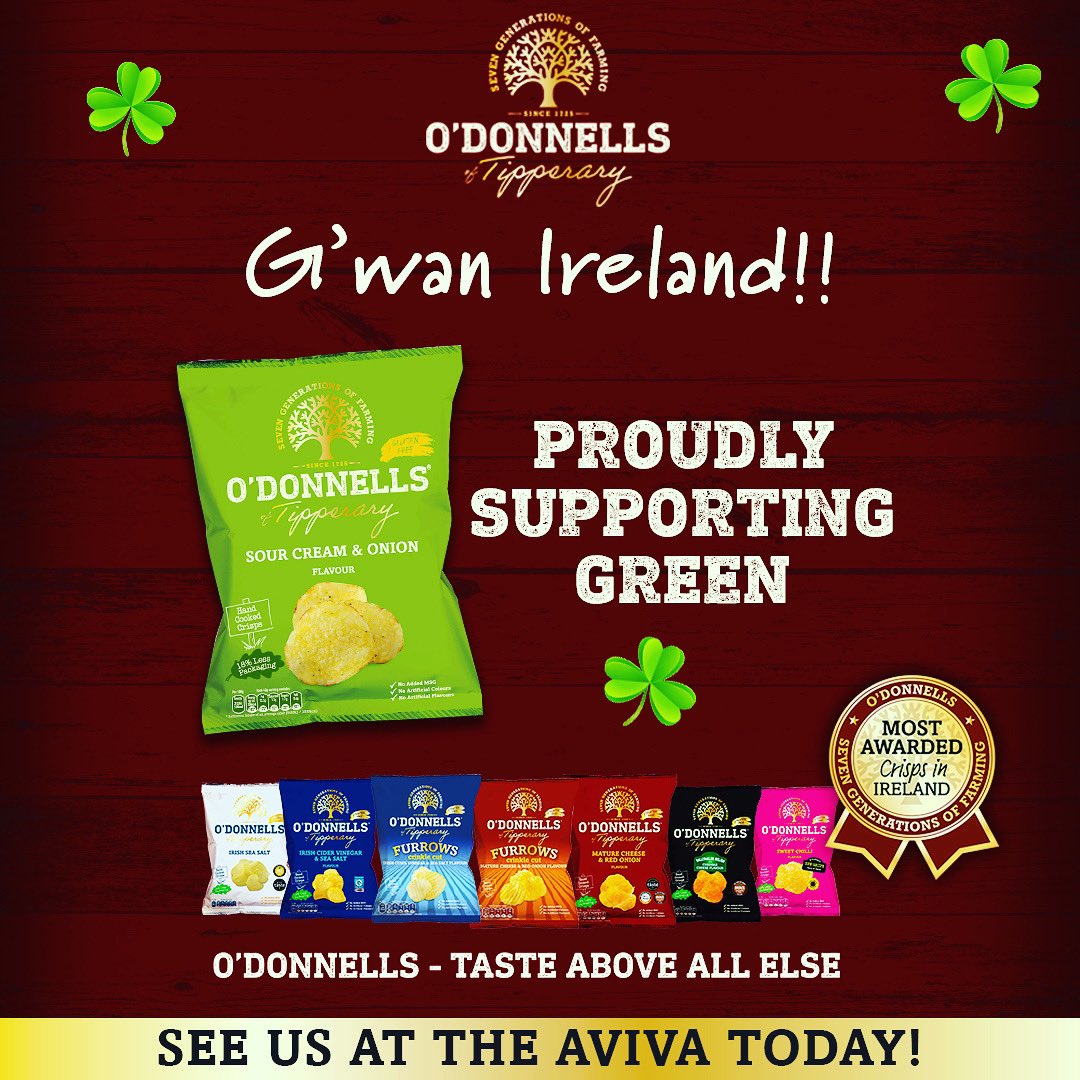 O' Donnells Crisps (@odonnellscrisps) on Twitter photo It’s an exciting day for Irish rugby and we will be shouting for Ireland in their bid to secure a Championship and Grand Slam today.
See you in The Aviva! ☘️☘️☘️ #irishrugby #ireland It’s an exciting day for Irish rugby and we will be shouting for Ireland in their bid to secure a Championship and Grand Slam today.
See you in The Aviva! ☘️☘️☘️ #irishrugby #ireland