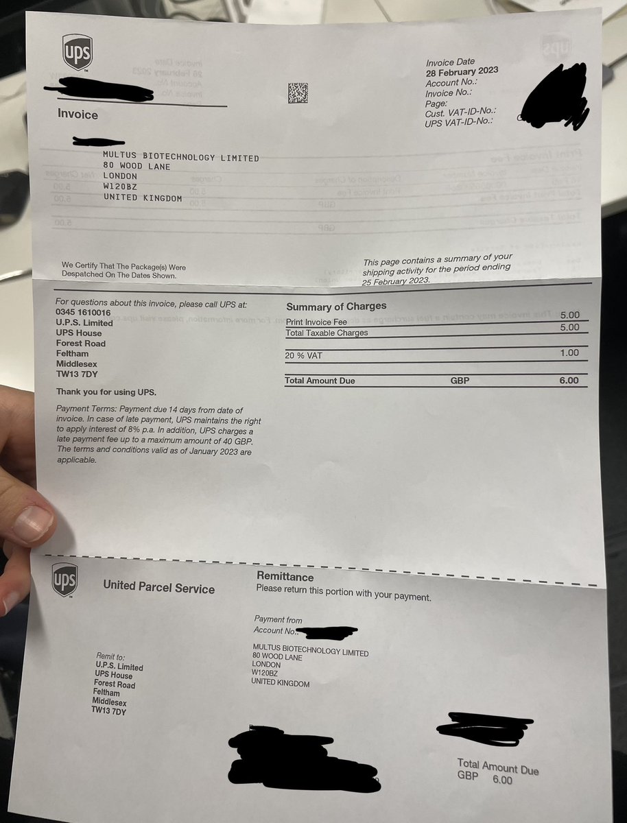 @rekatronics received an invoice last week from UPS for... only printing the invoice! 😂🤦‍♂️ I think we should charge them for reading it, too? A standing ovation for the ultimate in ironic billing! 👏 @UPS #InceptionInvoice