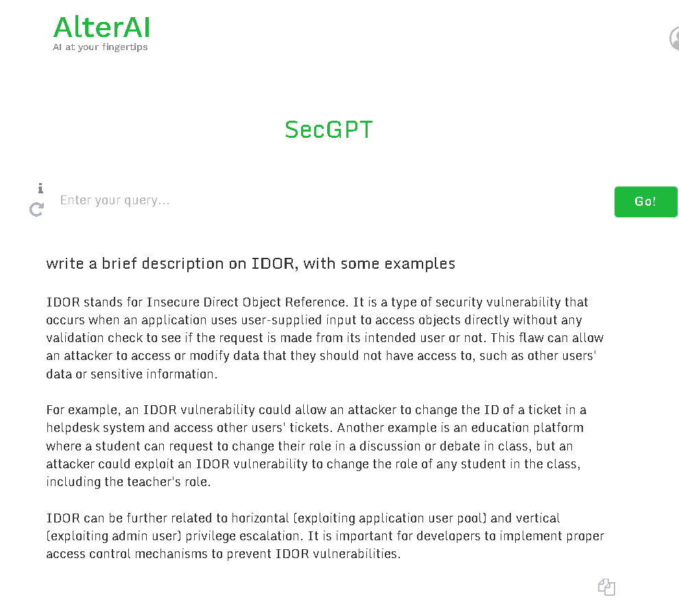 ikhaleelkhan's tweet photo. It's a good start, can you please add a history sidebar or a column where I can find my previous queries

#SecGPT #ai #cybersecurity #pentesting #bugbounty @CristiVlad25 https://t.co/8lG9UfubEb