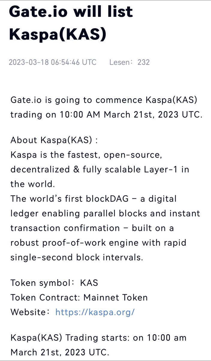 KASPAEnthusiast's tweet photo. It was announced when #kaspa will be listed on @gate_io!

Kaspa will be listed on 21st March at 10am UTC. https://t.co/xzNLG78h0e