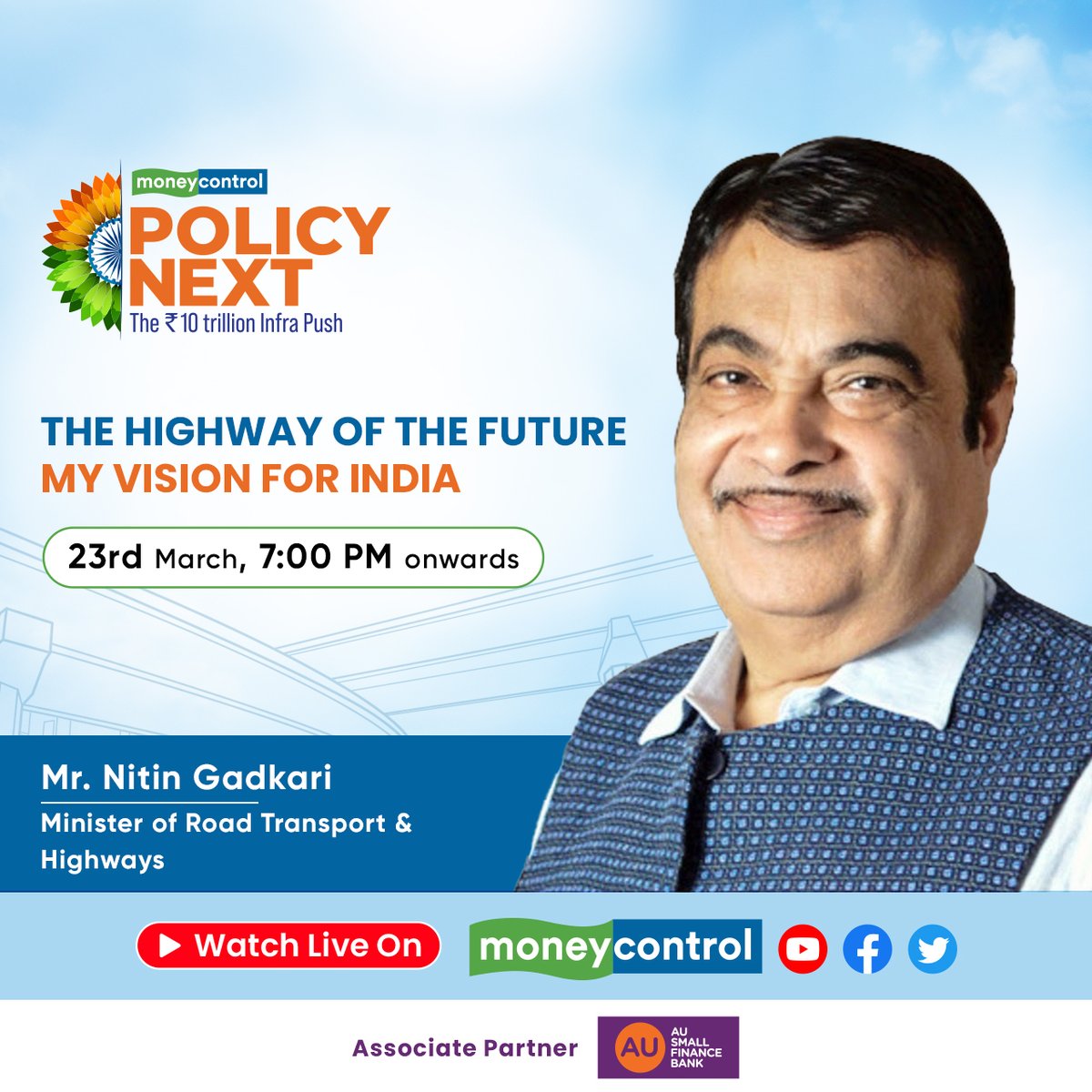 moneycontrolcom's tweet photo. Learn about how India transformed its road-building capacities 🛣️

How did it double its speed in constructing roads and highways?  🧐

From the man in the driving seat - @nitin_gadkari ⚡️

Catch him unfiltered and candid on #MCPolicyNext  🔥

Live on 23 March⌛️

@shwwetapunj https://t.co/KxtKQbCroE