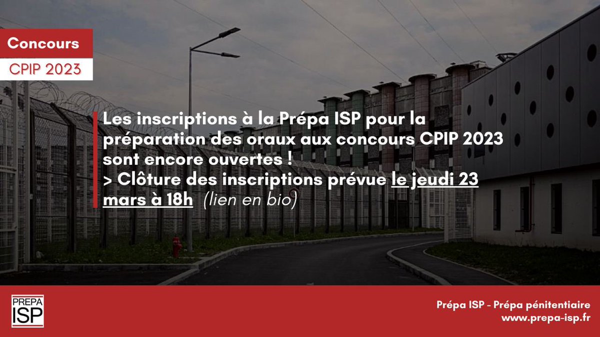 PrepaIsp's tweet photo. #Pénitentiaire 🔔 - Les #inscriptions à la #PrépaISP pour la préparation des #oraux aux #concours #CPIP 2023 sont encore ouvertes.
🔒 clôture des inscriptions prévue le jeu. 23/03 - 18h
⤵️
https://t.co/PTUJweC9yO
➖
#candidat #CPIP2023 #insertion #teamconcours #ISP #teamISP https://t.co/yQD5zQ6n8w