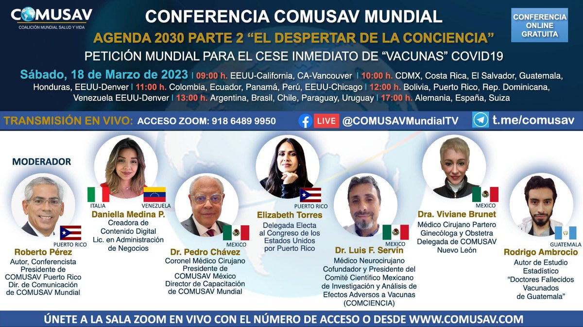tanycar's tweet photo. CONFERENCIA SABATINA GRATUITA
#Agenda2030 El Despertar de la Conciencia
Sábado 18/Marzo/2023
10:00am hora cdmx
Únete al Zoom: https://t.co/6DMrUidkgE
¡Se va a poner SÚPER!
#comusav #PuertoRico @LaPremisaEli
@ComusavMundial @PedroChavez19 @daniellamedinap @DrLuisServinde1 @BrunetViviane @reddemercadeo @AmbrocioGT