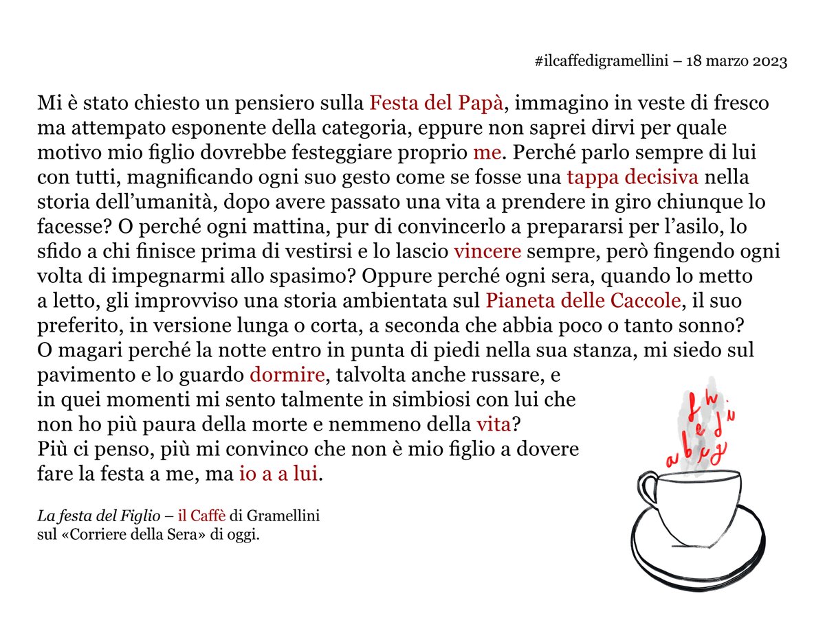 «La festa del Figlio»: #ilcaffedigramellini sul <a href="/Corriere/">Corriere della Sera</a> di #sabato #18marzo.
corriere.it/caffe-gramelli…