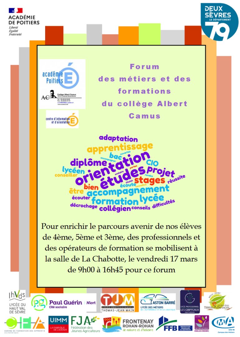 CamusPrincipal's tweet photo. Tenue hier par @acamusnet du forum des métiers et des formations pour 220 élèves de 5,4 et 3eme. Moment précieux et humain pour enrichir son #parcoursavenir. 🙏 exposants parents et professionnels, LP et opérateurs de formation 🙏 aux équipes d’organisation @DSDEN79  @acpoitiers https://t.co/MqVOCAmrov