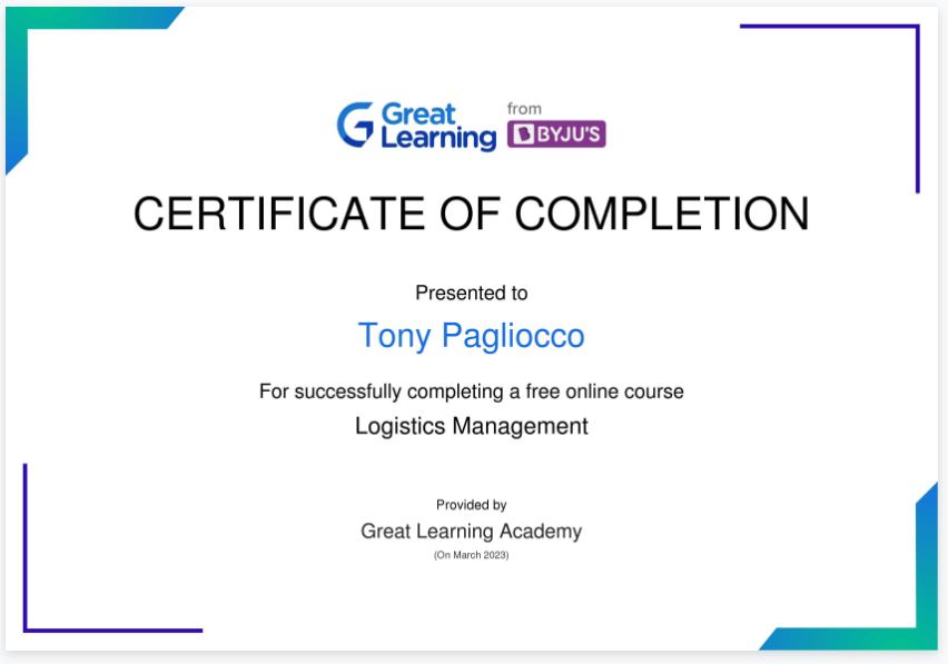 Hi all, I have successfully completed the 'Logistics Management' course offered by Great Learning Academy. #GreatLearningAcademy #greatlearning #glacertificate