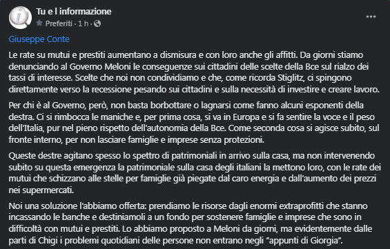 kiara86769608's tweet photo. Giuseppe Conte 
Le rate su mutui e prestiti aumentano a dismisura e con loro anche gli affitti. Da giorni stiamo denunciando al Governo Meloni le conseguenze sui cittadini delle scelte della Bce sul rialzo dei tassi di interesse.
https://t.co/VE91G4Bxdi https://t.co/yBjP5ohPUN