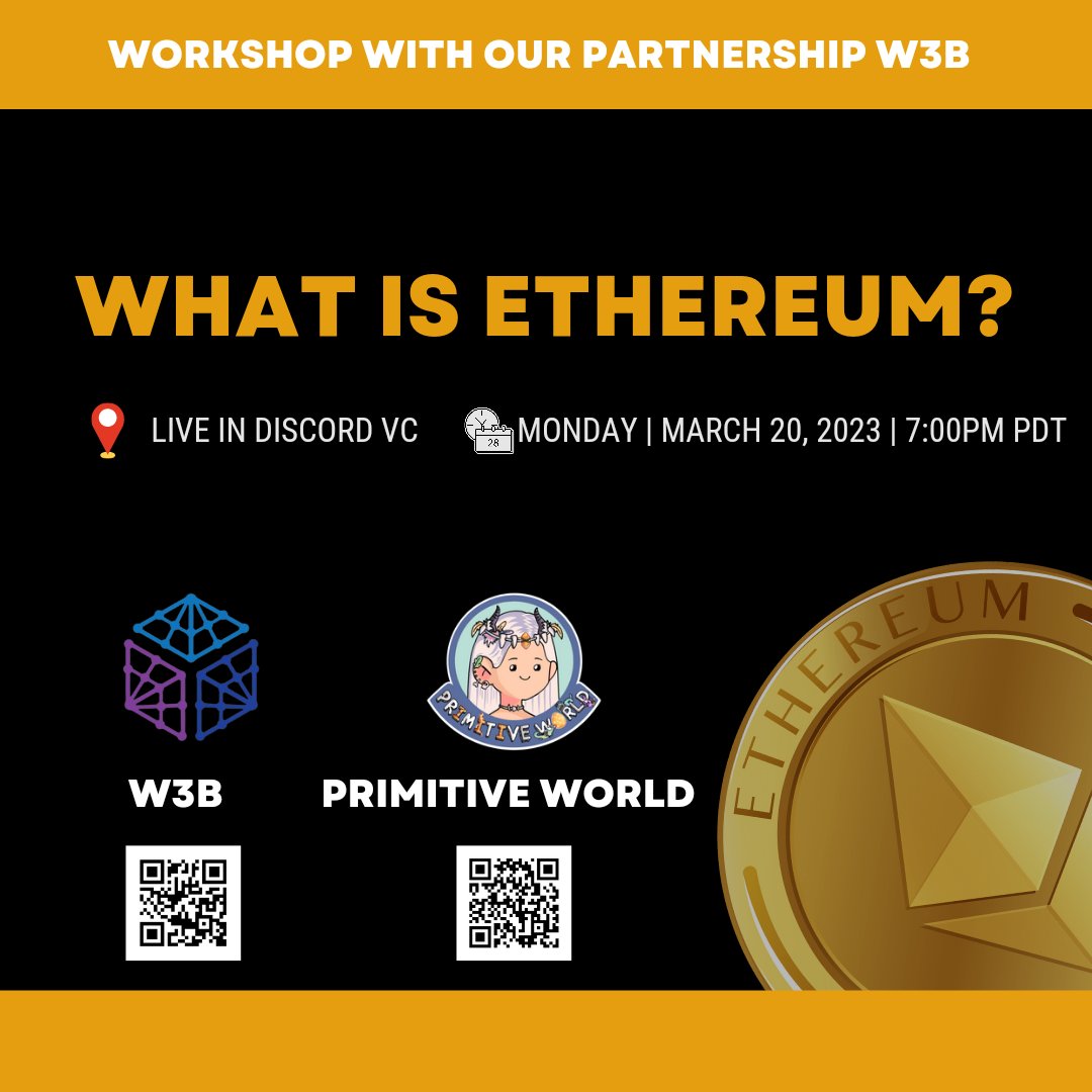 primitive_nft's tweet photo. Bi-weekly Primitive World Workshop 💡

New week, new learnings! Join us for our next workshop.

Topic: What is Ethereum?
Hosted by: @joinw3b 

Monday, March 20, 2023 at 7:00pm PDT in Primitive World Discord VC 🔈

See you fam!
https://t.co/GOXPcZg5eJ https://t.co/kL86hP0K7z