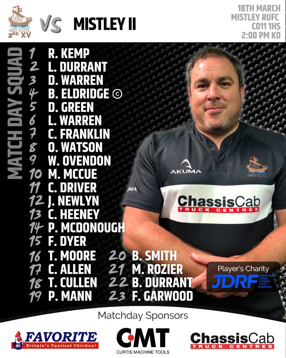 📢 Here’s your H&amp;D 2nd XV squad to face Mistley 2nd XV in today’s Suffolk Bronze Cup fixture. 

Mistley II 🆚 H&amp;D II (AWAY) 
🏉 Suffolk Bronze Cup
⌚️ 2:00 pm KO 
📍 CO11 1HS

▪️Family ▫️Community ▪️Respect ▫️Teamwork ▪️Enjoyment ▫️Discipline ▪️Sportsmanship