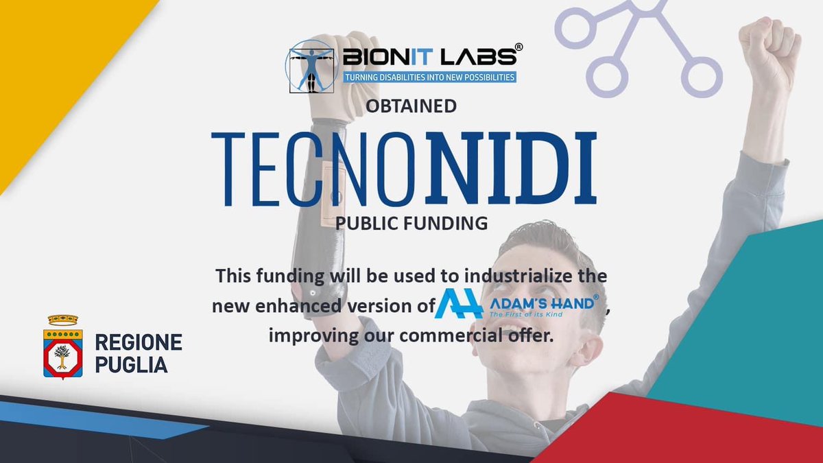 BionITLabs's tweet photo. 😃🦾 We obtained for the second time the #TECNONIDI public funding allocated by the @RegionePuglia as part of the #European #funds dedicated to #innovative #startups.
🤩 Thanks to this support, the #BionicRevolution can become something real.
#bionichand #AdamsHand #BionITLabs https://t.co/vDK5RdJBd2