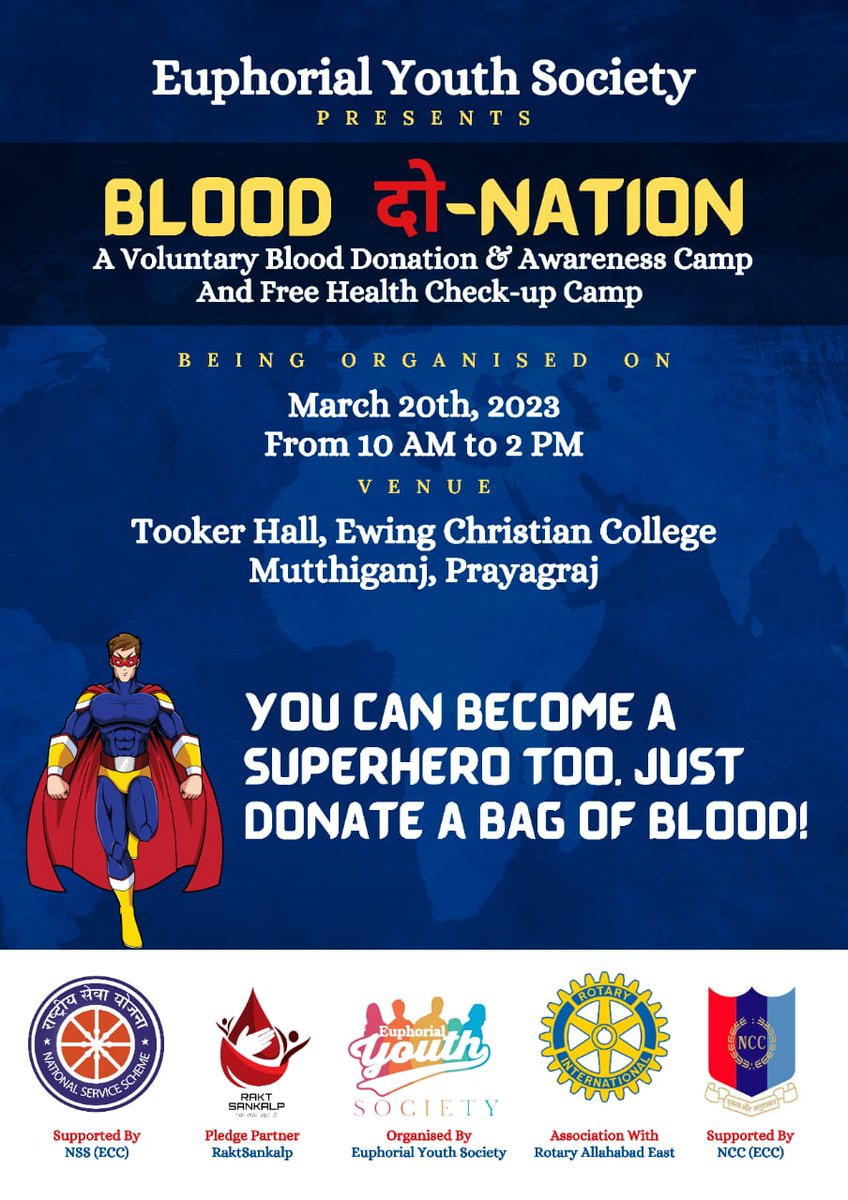 RaktSankalp's tweet photo. We are thrilled to announce #Bloodदोnation by @EuphorialYouth, with @RaktSankalp as #pledgepartner & in association with #rotaryallahabadeast at #Ewing_Christian_college #prayagraj.
Blood donation, awareness & free health check up camp!
#mission2025 #raktsankalp #raktsoldiers https://t.co/ZmY8FhjJqn