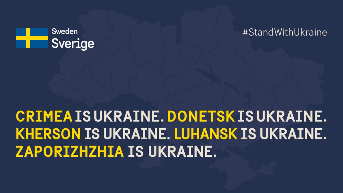 Today marks the anniversary of Russia’s illegal annexation of Crimea in 2014.

Sweden does not, and will not, recognise Russia’s illegal annexations of Ukrainian territory.

We will continue our unwavering support for Ukraine.

#StandWithUkraine