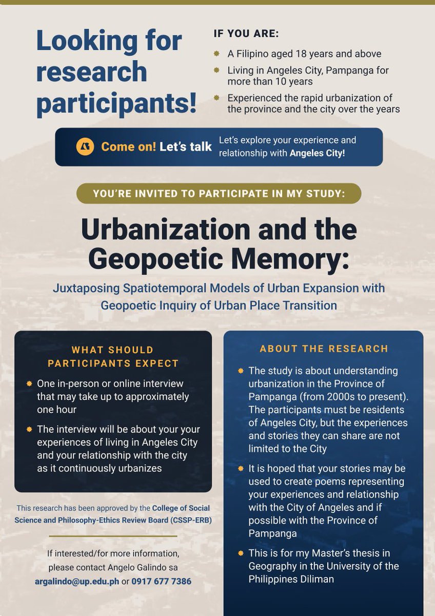 Angelo_Galindo's tweet photo. If you know anyone willing to participate in research focusing on the lived experience of urbanization in Angeles City, Pampanga please drop me a DM or email! 😄

(This is for my MSc thesis in the University of the Philippines Diliman) https://t.co/kTBhyENbgW
