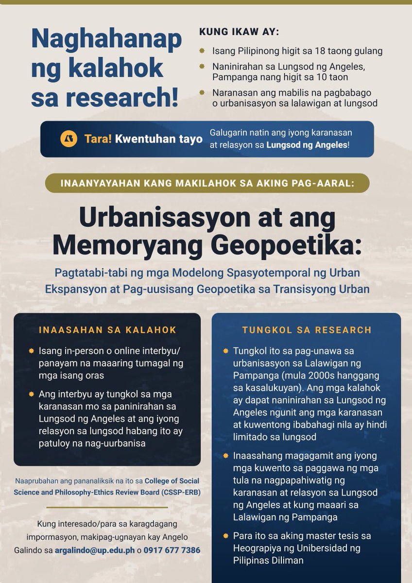 Angelo_Galindo's tweet photo. If you know anyone willing to participate in research focusing on the lived experience of urbanization in Angeles City, Pampanga please drop me a DM or email! 😄

(This is for my MSc thesis in the University of the Philippines Diliman) https://t.co/kTBhyENbgW