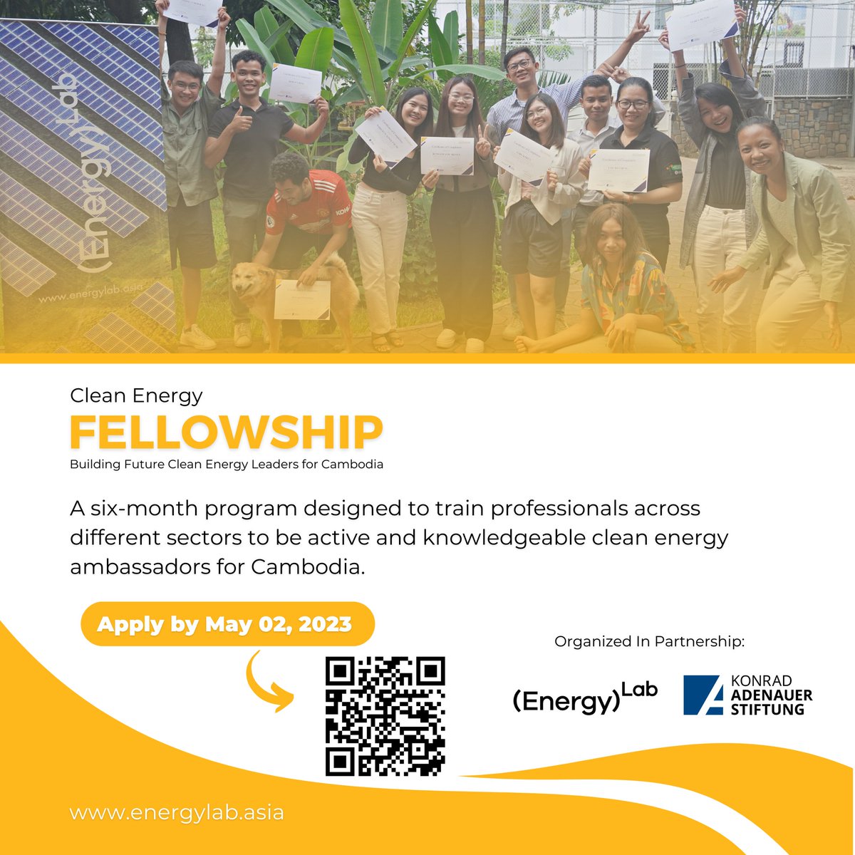 EnergyLab_KH's tweet photo. Call for Applications for the Clean Energy Fellowship 2023! Apply now to become a part of the amazing network of ambitious and passionate experts in the clean energy sector across Cambodia. 

Application deadline: May 02, 2023

More info: https://t.co/UV3I6ie6zk https://t.co/Vxgt6d7zsN