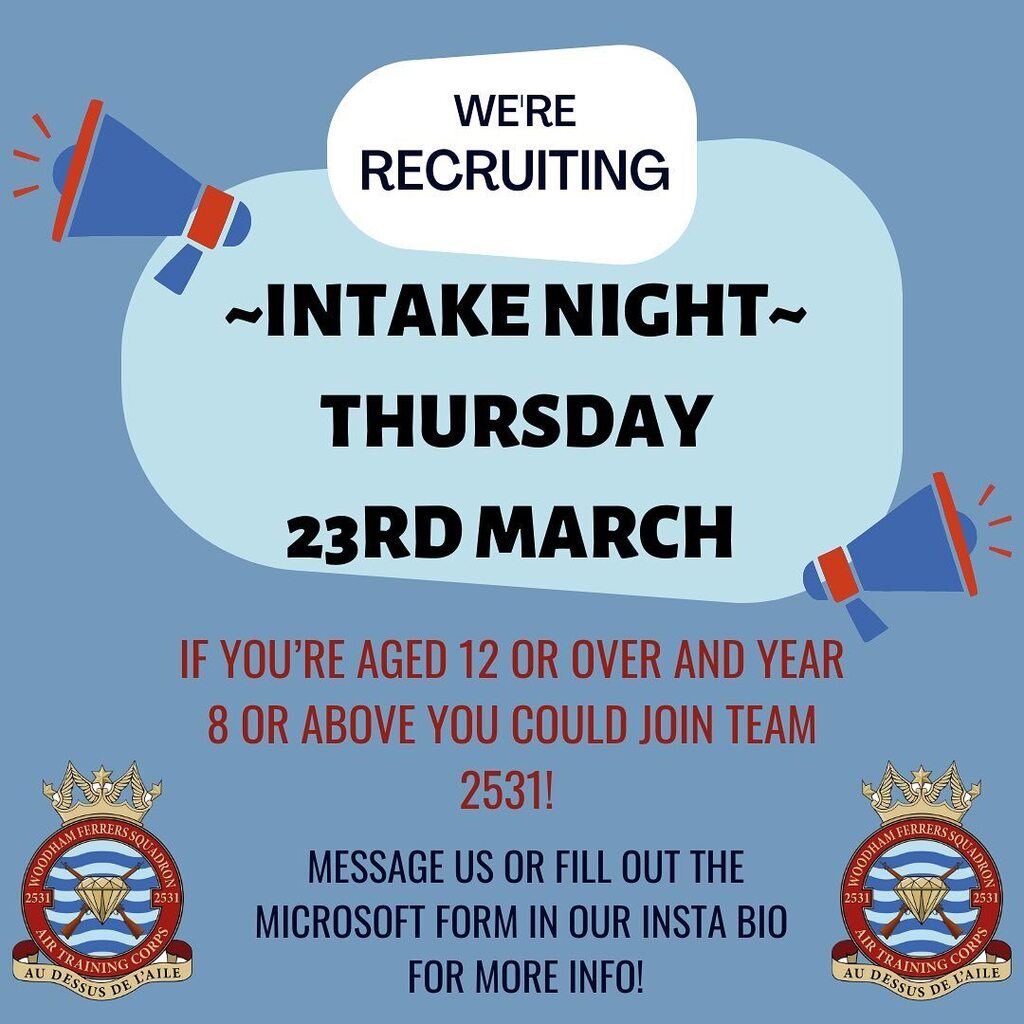 WE ARE RECRUITING!

If you are aged 12 (&amp; Year 8 ) and are interested in becoming part of 2531 then get in touch! 

We are holding our Recruitment Night on Thursday 23rd March!

For more info about what the night will entail and what the Royal Air Force … instagr.am/p/Cp7CcbDtFdU/
