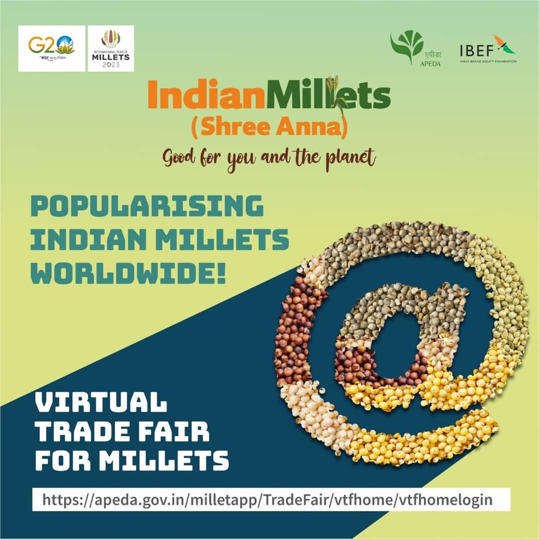 Brands_India's tweet photo. Browse through a wide range of high-quality millet products at the best global value.
Register Now for the Virtual Trade Fair for Millets: https://t.co/4Q63wT5G5k
#VTF #VirtualTradeFair #Milletsforlife #Loveformillets #MadeInIndia #IYM2023 #YearofMillets #APEDA https://t.co/iLhHVdapux