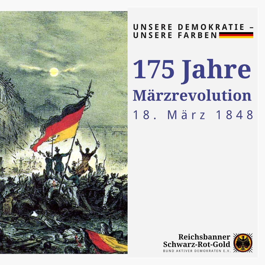 Reichsbanner's tweet photo. Vor 175 Jahren erhoben sich die Deutschen im zerteilten Land im Bestreben für nationale Einheit und Demokratie. Dieser Urknall in Schwarz-Rot-Gold hat Traditionen, ob für unsere Paralamentstradition oder Nationalsymbole, begründet, die bis heute wertvolle Richtschnur sind. 🇩🇪 https://t.co/Eb2tShaY3s