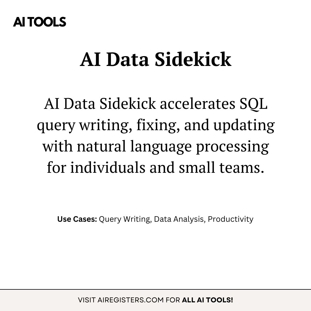 ArrheniusLey's tweet image. 🚀 Supercharge your SQL & documentation tasks with AI Data Sidekick! Write, fix, & update queries in no time. Perfect for individuals & small teams. Try it FREE now! ✨ #AIDataSidekick #SQLMagic